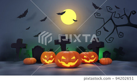 3d Render, Happy Halloween Day background with night scene and cute spooky design. Halloween pumpkins, skull, ghost and spider decorations on dark purple background. Trick or Treat party celebrate. 94202651