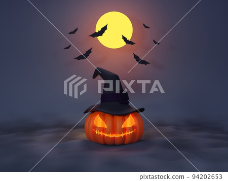 3d Render, Happy Halloween Day background with night scene and cute spooky design. Halloween pumpkins, skull, ghost and spider decorations on dark purple background. Trick or Treat party celebrate. 94202653