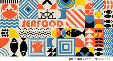 Bauhaus-style background of seafood and abstract shapes, figures Bauhaus-style background of seafood and abstract shapes, figures 94202667