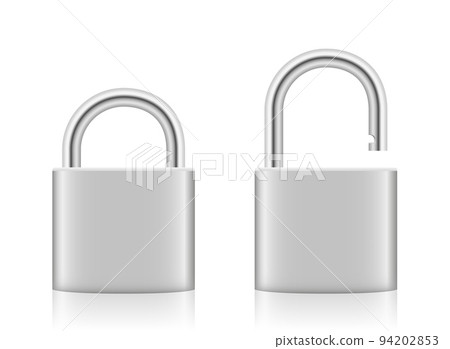 Padlock, locked and unlocked, silver iron steel security device with closed and opened shackle - unlabeled, blank surface. Isolated vector illustration on white background. Padlock, locked and unlocked, silver iron steel security device with closed and opened shackle - unlabeled, blank surface. Isolated vector illustration on white background. 94202853