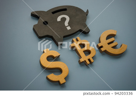 Piggy bank as savings symbol with dollar, euro and bitcoin symbols. Piggy bank as savings symbol with dollar, euro and bitcoin symbols. 94203336