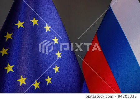 Flags of the European Union EU and Russia as a symbol of diplomacy Flags of the European Union EU and Russia as a symbol of diplomacy 94203338