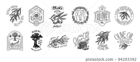 Set of Olive oil and branch of trees logo. Organic vegetarian product in bottle. Green plant badge 94203392