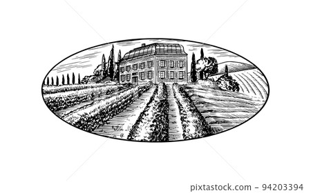 Vine plantation for bottle labels. Scenic view of French or Italian engraved landscape. Mountains Vine plantation for bottle labels. Scenic view of French or Italian engraved landscape. Mountains 94203394