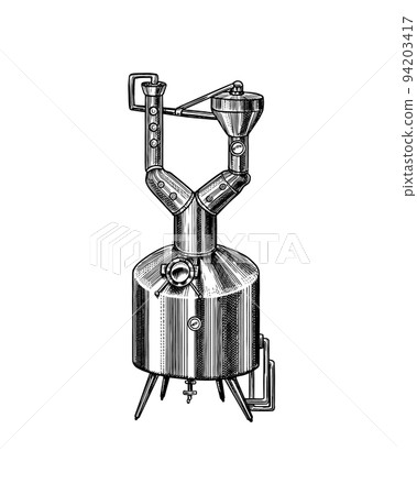 Pot Swan necked copper stills distillery for making alcohol. Engraved hand drawn vintage retro Pot Swan necked copper stills distillery for making alcohol. Engraved hand drawn vintage retro 94203417