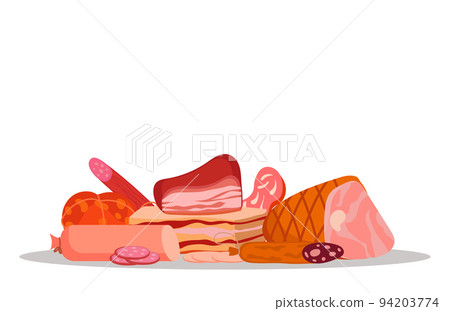 Banner of meat and deli meats. Farm beef and sausages with ham isolated on white background. Collection of delicious food and meat products for the market. Organic menu shop vector illustration. 94203774