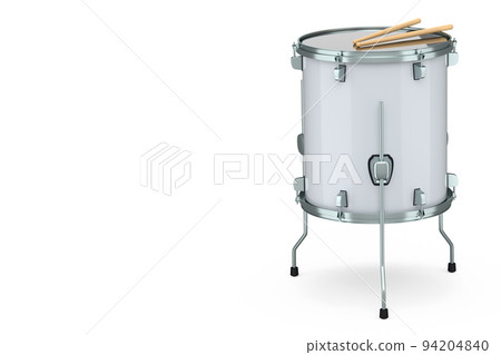 Realistic drum and wooden drum sticks on white. 3d render of musical instrument 94204840