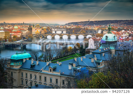 Above Prague old town bridges and river Vltava at dawn, Czech Republic 94207126