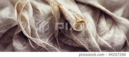 Silk wavy composition. Abstract texture of silk chiffon fabric in champagne color. Silk fabric mockup as artistic layout background. 94207266