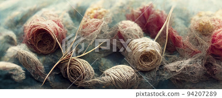 Abstract top-view illustration of the background of multicolored tangled threads, close-up of the colorful stack of threads. 94207289
