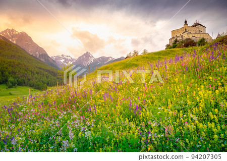 Tarasp with colorful wildflowers and meadows at springtime, Engadine, Swiss Alps Tarasp with colorful wildflowers and meadows at springtime, Engadine, Swiss Alps 94207305