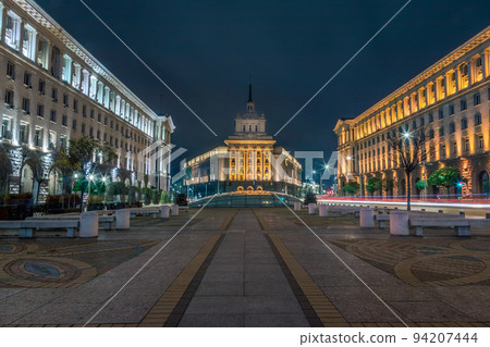 Largo ensemble, National Assembly and city lights at night, Sofia, Bulgaria 94207444