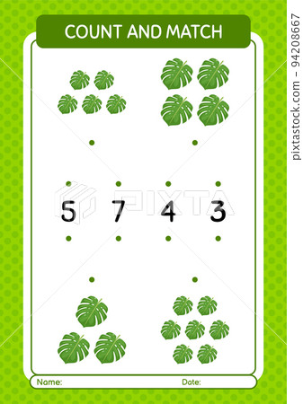 Count and match game with monstera leaf. worksheet for preschool kids, kids activity sheet 94208667