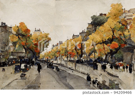 Row of poplar trees in an ancient European capital in autumn 94209466