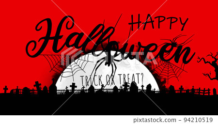 Image of happy halloween trick or treat with spider, cemetery on red background 94210519