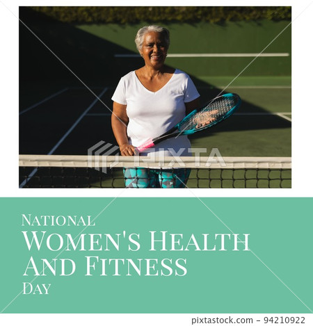 Portrait of african american senior woman at tennis court, national women's health and fitness day 94210922