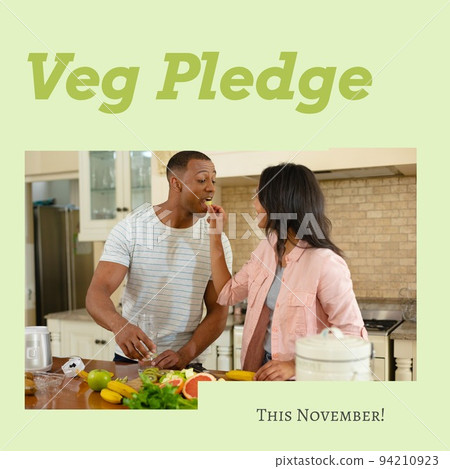 Digital image of biracial girlfriend feeding fruit to boyfriend in kitchen with veg pledge text 94210923