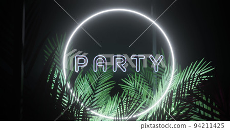 Image of party text and ring in white neon, with palm leaves on black background 94211425