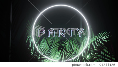 Image of party text and ring in white neon, with palm leaves on black background Image of party text and ring in white neon, with palm leaves on black background 94211426