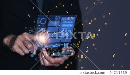 Hand Man inspection or man business engineer hold smartphone touch touching UI screen interface covid 19 ai for shopping online technology of tech smartphone application 94211889