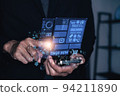 Asian Man inspection or man business engineer hold smartphone touch touching UI screen interface covid 19 ai for shopping online technology of tech smartphone application 94211890