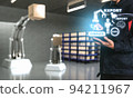 Asian Man Engineer hold smartphone touch touching UI screen interface for manufacturing industry technology Product export and import future Robot cyber warehouse arm robot future technology 94211967