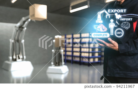 Asian Man Engineer hold smartphone touch touching UI screen interface for manufacturing industry technology Product export and import future Robot cyber warehouse arm robot future technology 94211967
