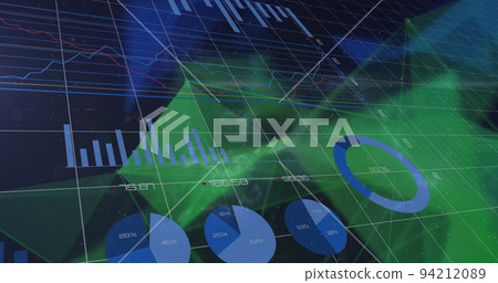 Image of financial data processing over shapes on black background Image of financial data processing over shapes on black background 94212089