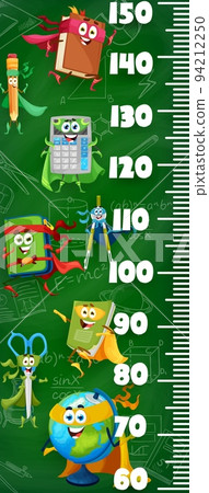 Kids height chart ruler. Cartoon school superhero characters. Kids height vector scale or meter with book, pencil, calculator and copybook, scissors, globe school supplies defender funny personages 94212250