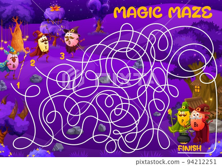 Labyrinth maze game. Cartoon vitamin wizard and mage characters. Children search path playing activity or Halloween quiz vector worksheet with B, C, D, and K vitamin pills sorcerers funny personages 94212251