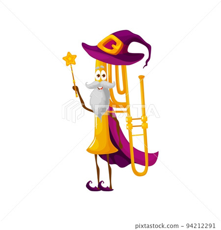 Cartoon elderly trombone magician character. Old fantasy wizard wind instrument, mage with magic wand. Isolated vector horn wear witch hat and cape woodwind pipe personage Cartoon elderly trombone magician character. Old fantasy wizard wind instrument, mage with magic wand. Isolated vector horn wear witch hat and cape woodwind pipe personage 94212291