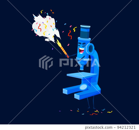 Holiday birthday celebration, cartoon microscope character. Vector school or scientific laboratory glass personage shoot flapper under falling confetti. Biotechnology, biology, chemistry equipment Holiday birthday celebration, cartoon microscope character. Vector school or scientific laboratory glass personage shoot flapper under falling confetti. Biotechnology, biology, chemistry equipment 94212321
