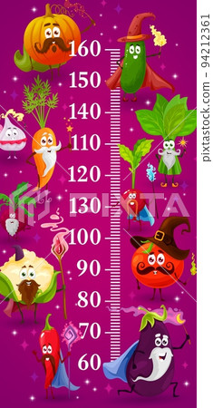 Cartoon vegetable wizards, magicians and sorcerers kids height chart. Vector wall sticker with ruler scale. Fairy carrot, spinach, pepper and tomato, cucumber, pumpkin, garlic and eggplant Cartoon vegetable wizards, magicians and sorcerers kids height chart. Vector wall sticker with ruler scale. Fairy carrot, spinach, pepper and tomato, cucumber, pumpkin, garlic and eggplant 94212361