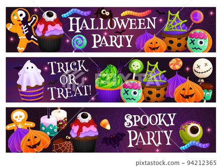 Cartoon Halloween sweets, dessert and cookies. Horizontal banner or vector background with skeleton cookie, muffin, creepy cupcake and skull lollypop candy, eyeball marshmallow and Halloween pastry 94212365
