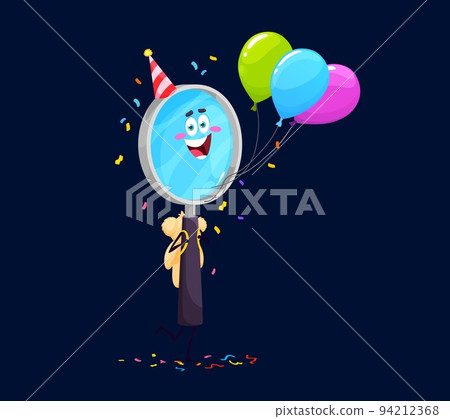 Holiday birthday celebration. Cartoon magnifying glass character. Funny vector magnifier or loupe personage with balloons wear festive hat and backpack under falling confetti. Happy zoom school supply 94212368