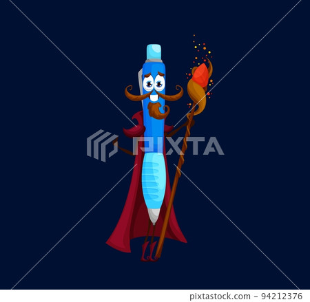 Cartoon school pen wizard, sorcerer or mage character. Cheerful vector school or office stationery tool for writing with magic staff wear cape. Isolated mustached conjuror personage with smiling face Cartoon school pen wizard, sorcerer or mage character. Cheerful vector school or office stationery tool for writing with magic staff wear cape. Isolated mustached conjuror personage with smiling face 94212376