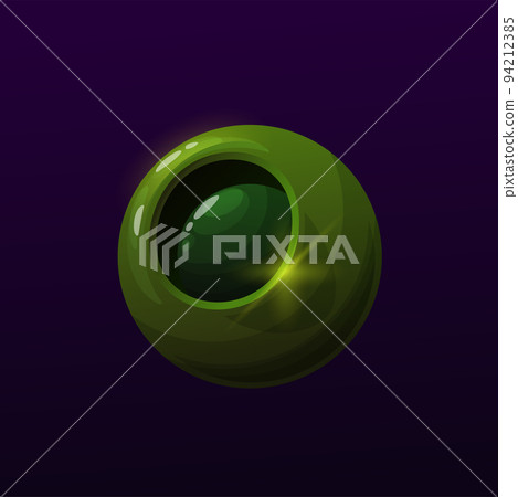 Mysterious green cyber planet, fantastic space world vector icon for fantasy game. Cartoon galaxy earth or alien futuristic planet and cyber starship in galactic universe or cosmic cyberspace 94212385