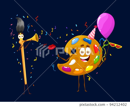 Birthday holiday celebration. Cartoon brush and color palette characters. Isolated vector artist equipment celebrate party with balloons and confetti. Funny painting personages wear a festive fun hats 94212402