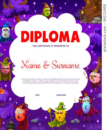 Kids diploma. Cartoon vitamin wizard, warlock, mage and witch characters. Child school graduation diploma or vector certificate with C, P, D and B vitamin, food supplement sorcerer funny personages 94212408