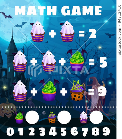 Math game worksheet. Cartoon Halloween desserts and cupcakes. Child math quiz or kids education addition playing activity vector worksheet with Halloween desserts, creepy cupcakes and ghost muffins Math game worksheet. Cartoon Halloween desserts and cupcakes. Child math quiz or kids education addition playing activity vector worksheet with Halloween desserts, creepy cupcakes and ghost muffins 94212410