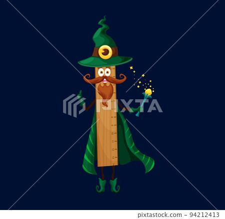 Cartoon school wooden ruler mage, wizard or warlock character. Isolated vector smiling scale Halloween personage wear green cloak and witch hat with magic wand. Funny straightedge measurement tool Cartoon school wooden ruler mage, wizard or warlock character. Isolated vector smiling scale Halloween personage wear green cloak and witch hat with magic wand. Funny straightedge measurement tool 94212413