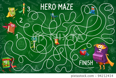 Labyrinth maze game. Cartoon school education superhero characters. Kids find way vector riddle or maze quiz worksheet with pencil, notebook and book, scissors, sharpener and apple cute personages Labyrinth maze game. Cartoon school education superhero characters. Kids find way vector riddle or maze quiz worksheet with pencil, notebook and book, scissors, sharpener and apple cute personages 94212414
