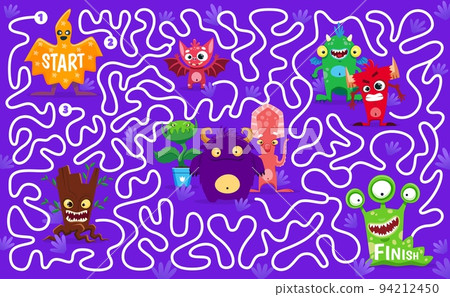 Labyrinth maze. Help to cartoon monster character to find his friends. Child labyrinth game quiz vector worksheet with angry tree stump, predator plant, slug and bat, dragon cute monster personages Labyrinth maze. Help to cartoon monster character to find his friends. Child labyrinth game quiz vector worksheet with angry tree stump, predator plant, slug and bat, dragon cute monster personages 94212450