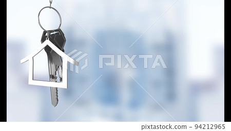 Image of silver house keys hanging against blurred background with copy space 94212965