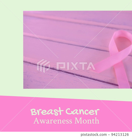 Composition of breast cancer awareness month over pink ribbon on purple background 94213126