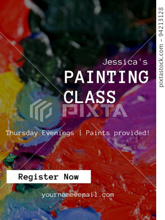 Composition of jessica's painting class text over colorful paint stains 94213128