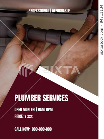 Composition of plumber services text over hands holding pipe Composition of plumber services text over hands holding pipe 94213134