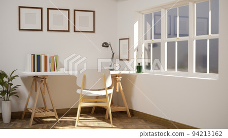 Minimal white Scandinavian working space interior with working table and frame mockup on white wall. Minimal white Scandinavian working space interior with working table and frame mockup on white wall. 94213162