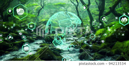 Fresh green mountain stream and image of the global environment 94213534