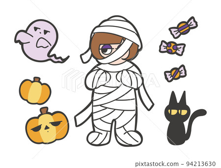 A loose illustration of a girl wearing a mummy costume for Halloween 94213630